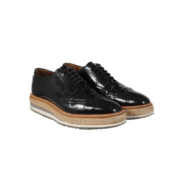 Prada Men Platform Brogue US8.5 UK7.5 Black Leather Wingtip Espadrille Medallion main image 9